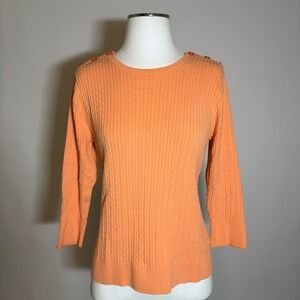 Jeanne Pierre Cable Knit Button Shoulder Sweater 3/4 Sleeves Orange Womens Large